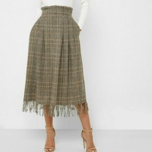 MNG by Mango Brown Front Split Fringe Detail Gingham Maxi Skirt Women's Size S